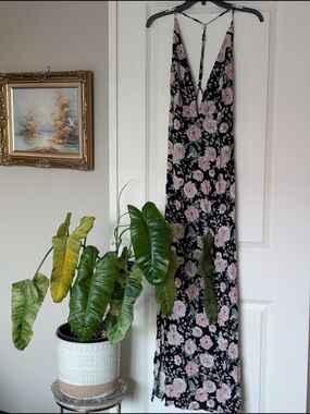 Black Floral Low Cut Maxi Dress with Pink Blooms